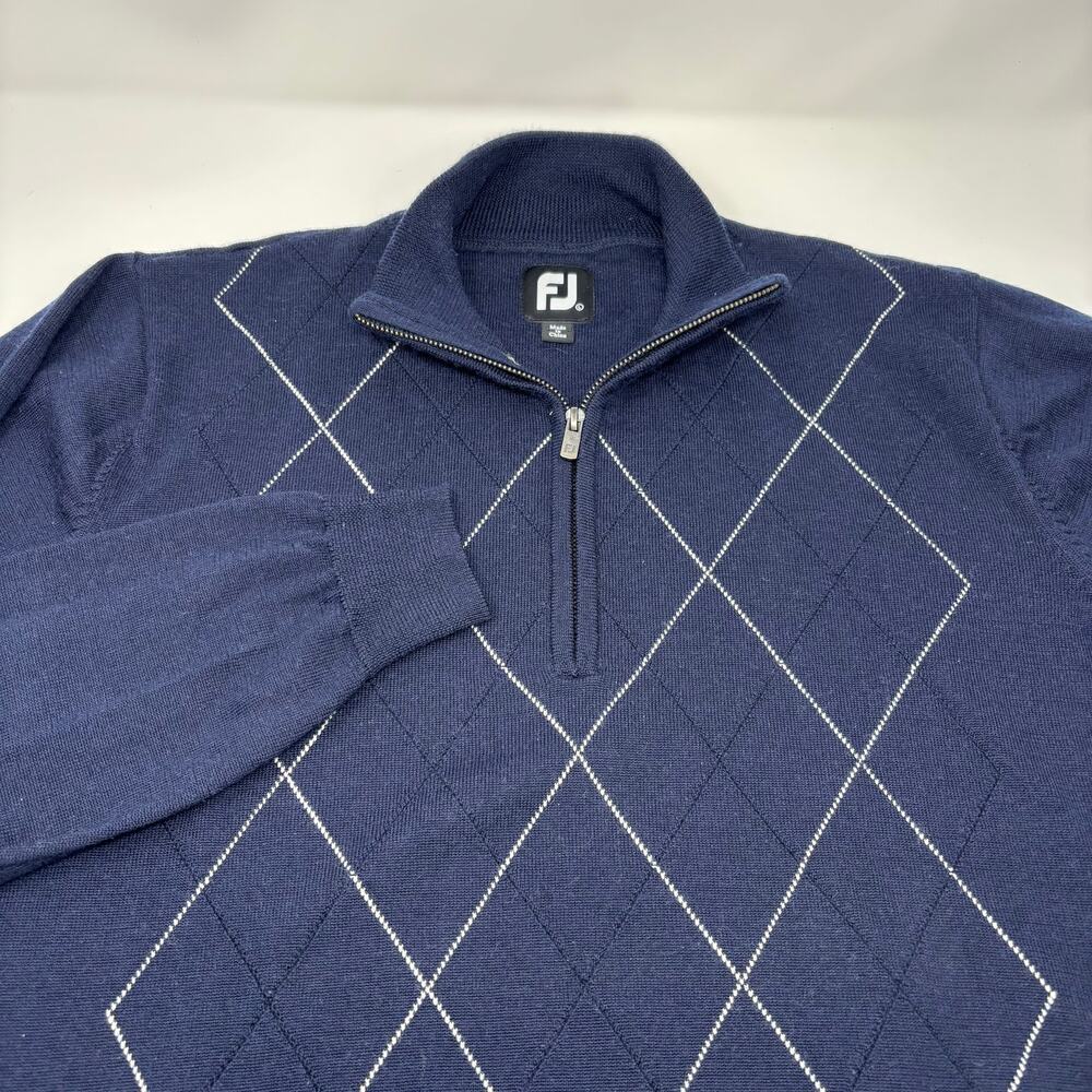 Footjoy Mens Large Navy Blue Argyle‎ Diamond Pattern 1/4 Zip Wool Sweater
